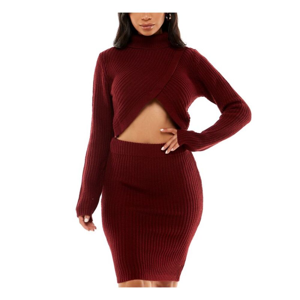 ALMOST FAMOUS Womens Dress Maroon Knit Fitted Asymmetric Crop Pull-on Juniors S
